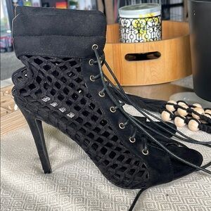 Cape Robbin Suede Fishnet Lace Up Stilettos